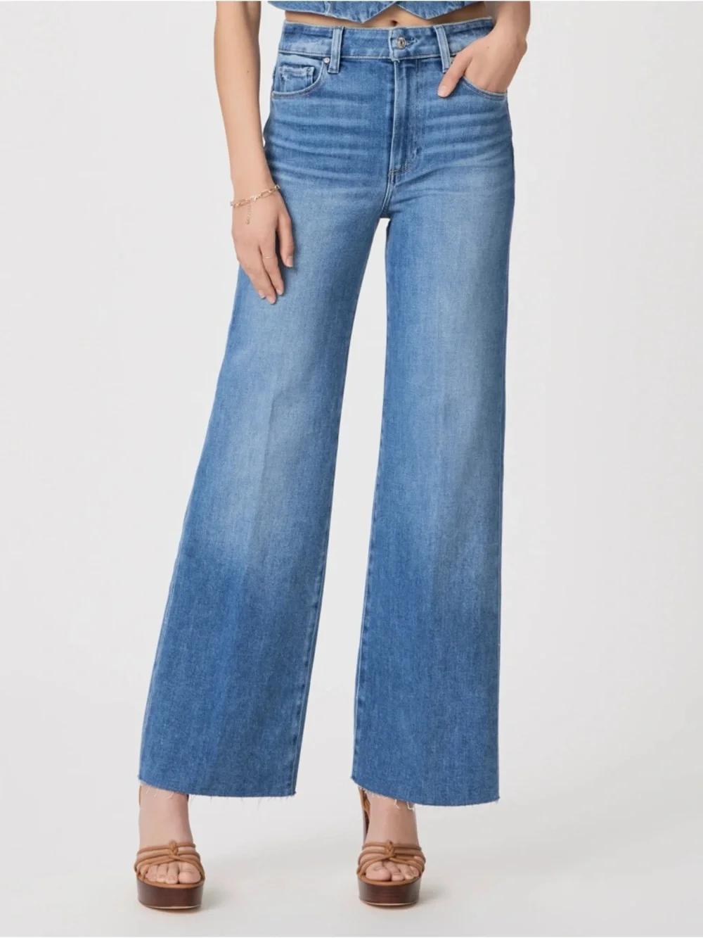 PAIGE Anessa High Rise Wide Leg Raw Hem Jeans Flamenco Distressed Denim 25 - Picture 1 of 13